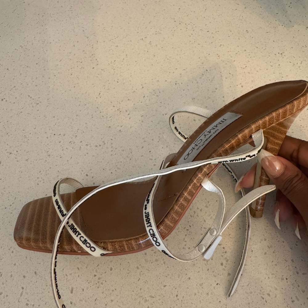 Jimmy Choo OffWhite and Tan Strappy Heels